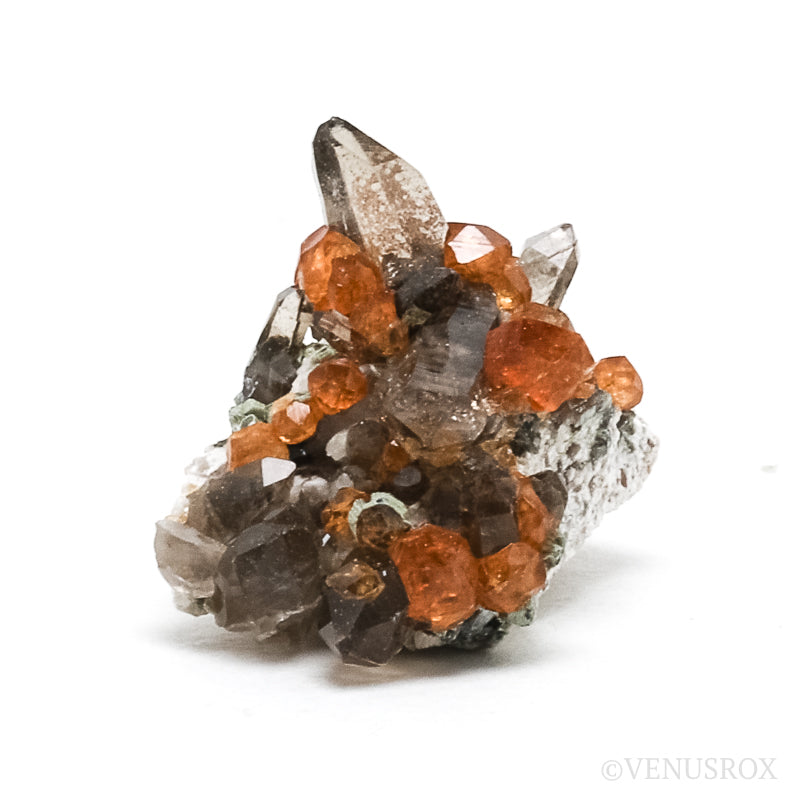 Spessartine Garnet with Smoky Quartz and Orthoclase Natural Cluster from Wushan Spessartine Mine, Tongbei, Yunxiao Co., Zhangzhou Prefecture, Fujian Province, China | Venusrox