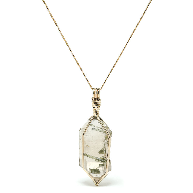 Smoky Quartz with Green Tourmaline Natural Double Terminated Point Pendant from Brazil | Venusrox