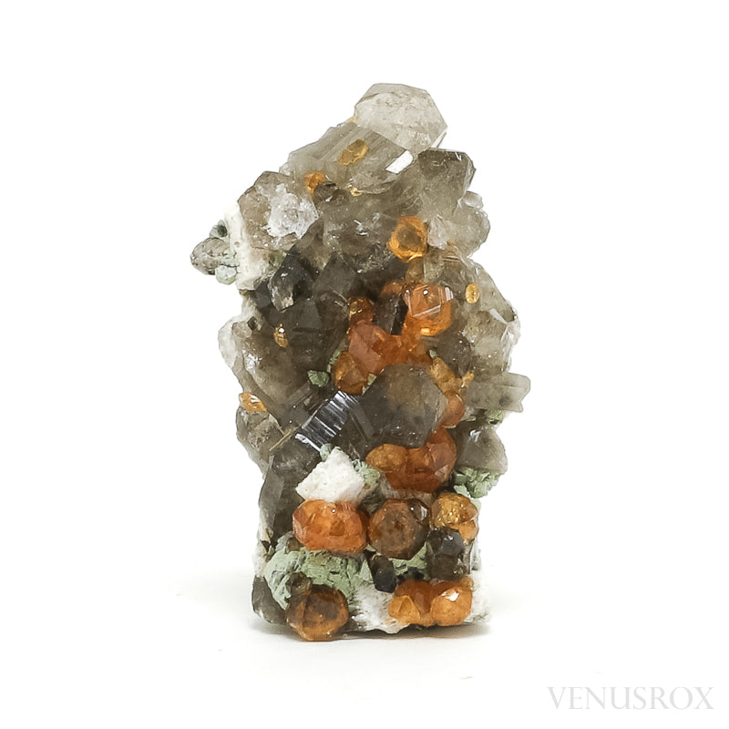 Spessartine Garnet with Smoky Quartz and Orthoclase Natural Cluster from Wushan Spessartine Mine, Tongbei, Yunxiao Co., Zhangzhou Prefecture, Fujian Province, China | Venusrox