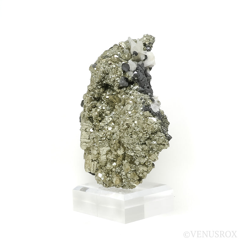 Pyrite with Clear Quartz & Sphalerite Natural Cluster from the Huanzala Mine, Huallanca District, Huanuco Department, Peru mounted on a bespoke stand | Venusrox